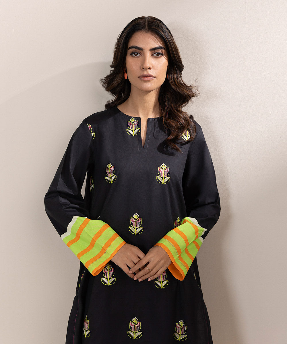 Women's Pret Cambric Printed Embroidered Black Straight Shirt