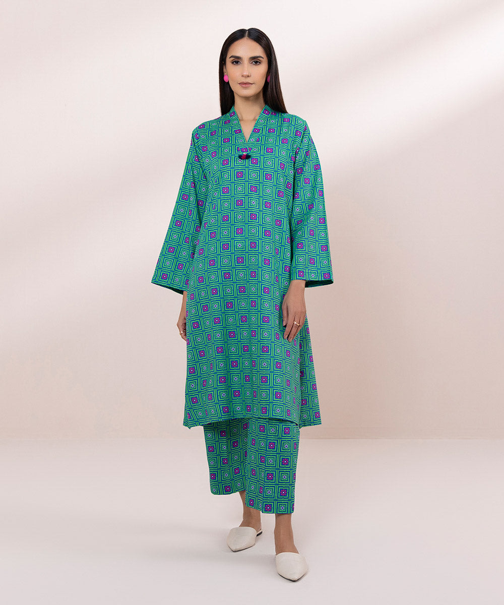 Women's Pret Cambric Printed Green Straight Shirt