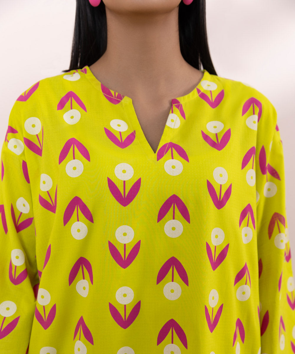 Women's Pret Dobby Printed Yellow Drop Shoulder Shirt