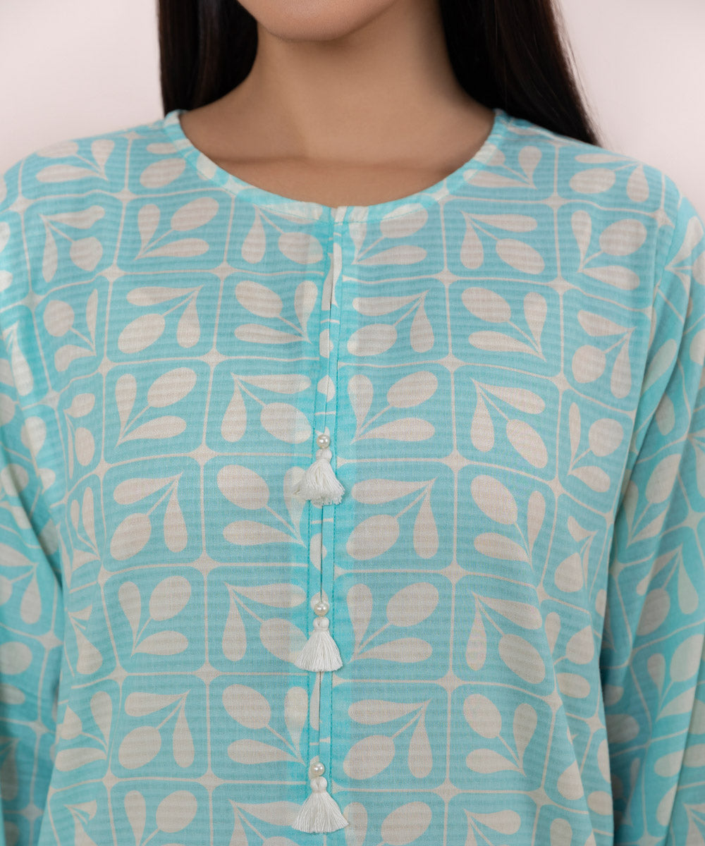 Women's Pret Dobby Embroidered Blue Boxy Shirt