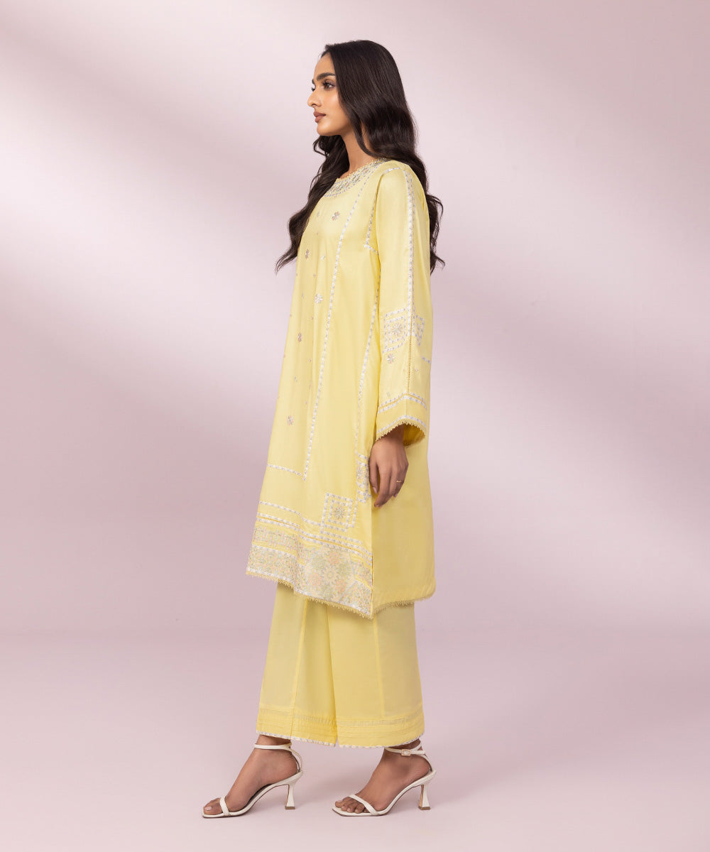 Women's Pret Arabic Lawn Embroidered Yellow A-Line Shirt
