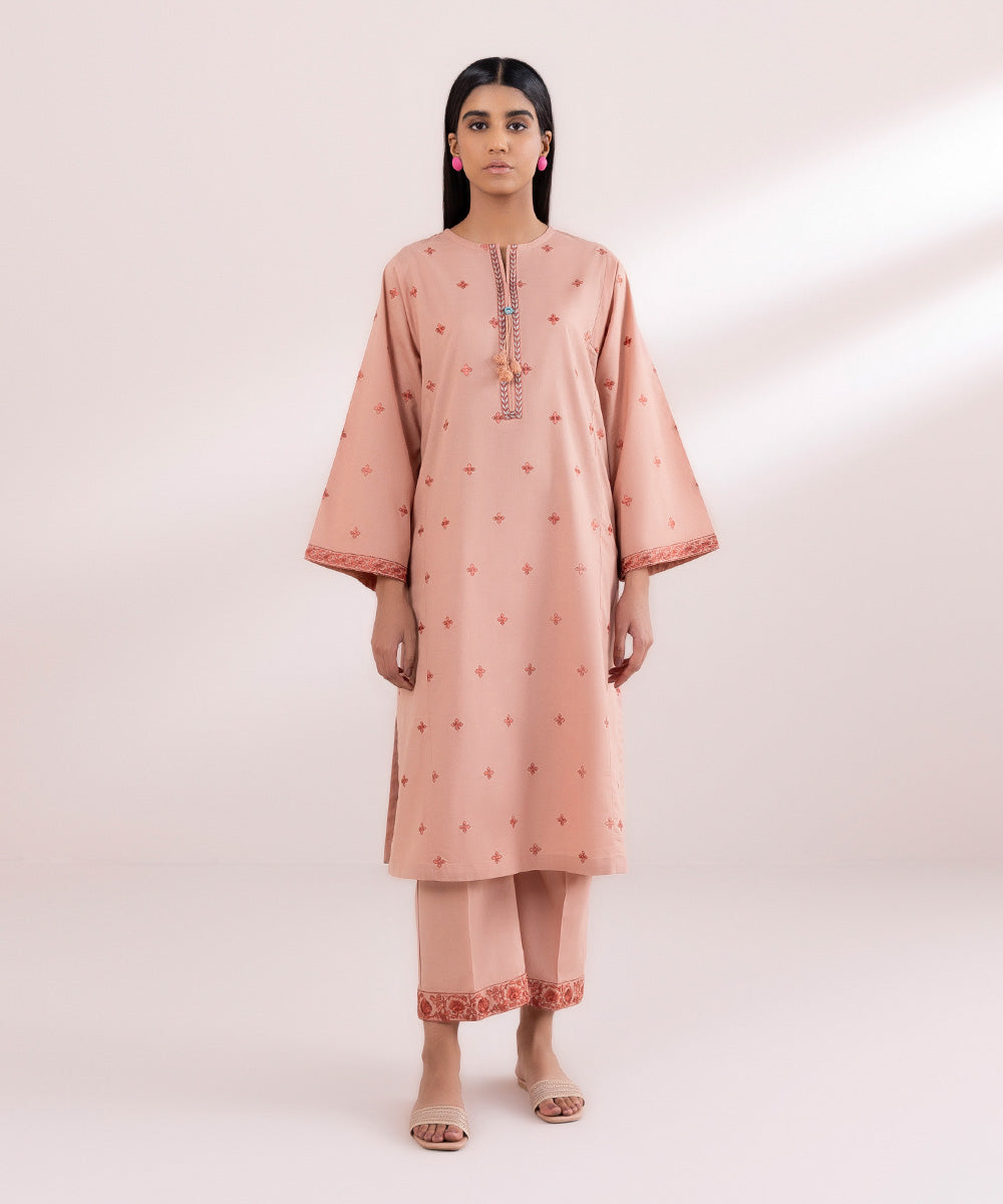 Women's Pret Textured Lawn Pink Solid Embroidered A-Line Shirt