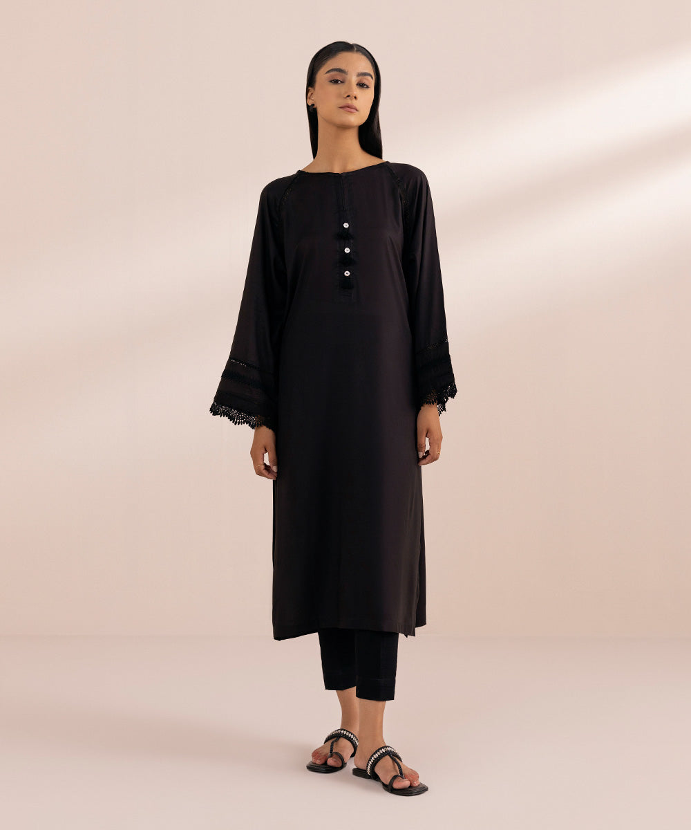 Women's Pret Arabic Lawn Black Solid A-Line Shirt