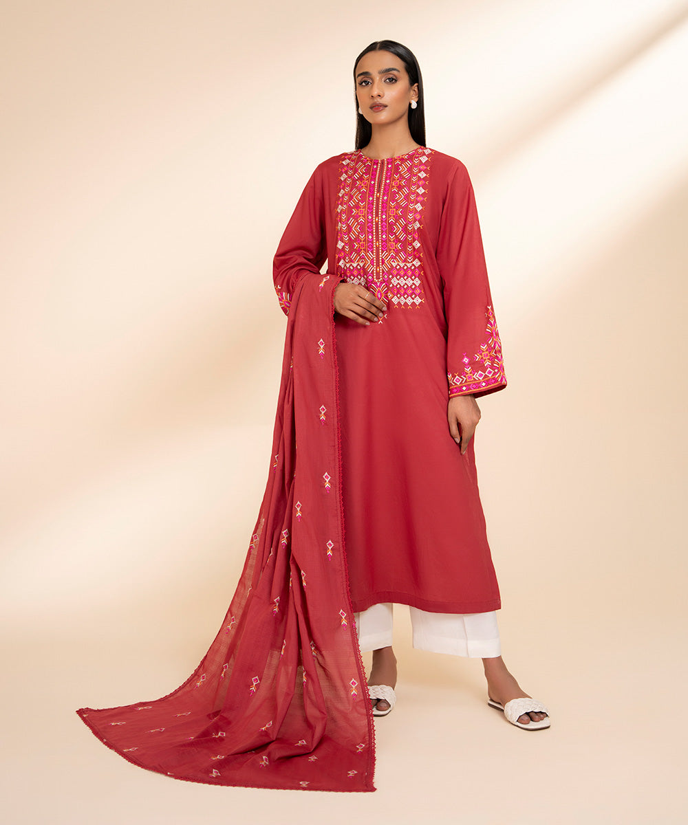 Textured Voile Red Embroidered Dupatta