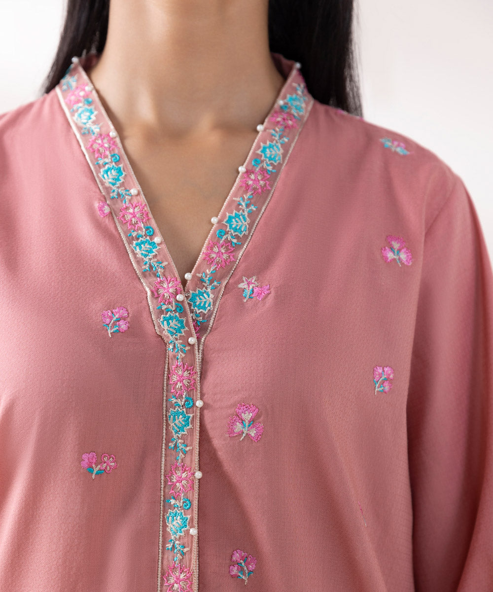 Women's Pret Dobby Embroidered Pink A-Line Shirt