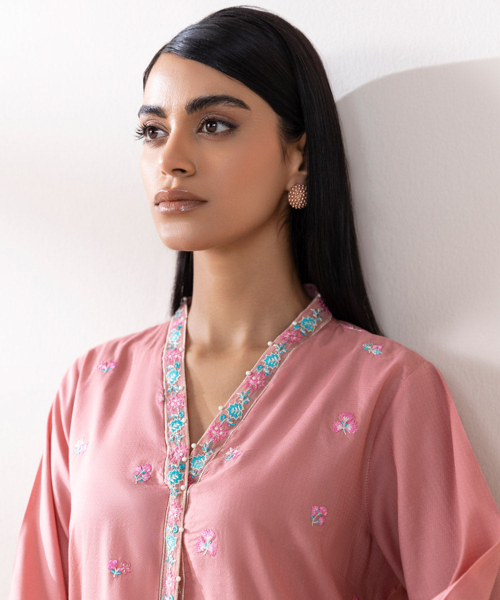 Women's Pret Dobby Embroidered Pink A-Line Shirt