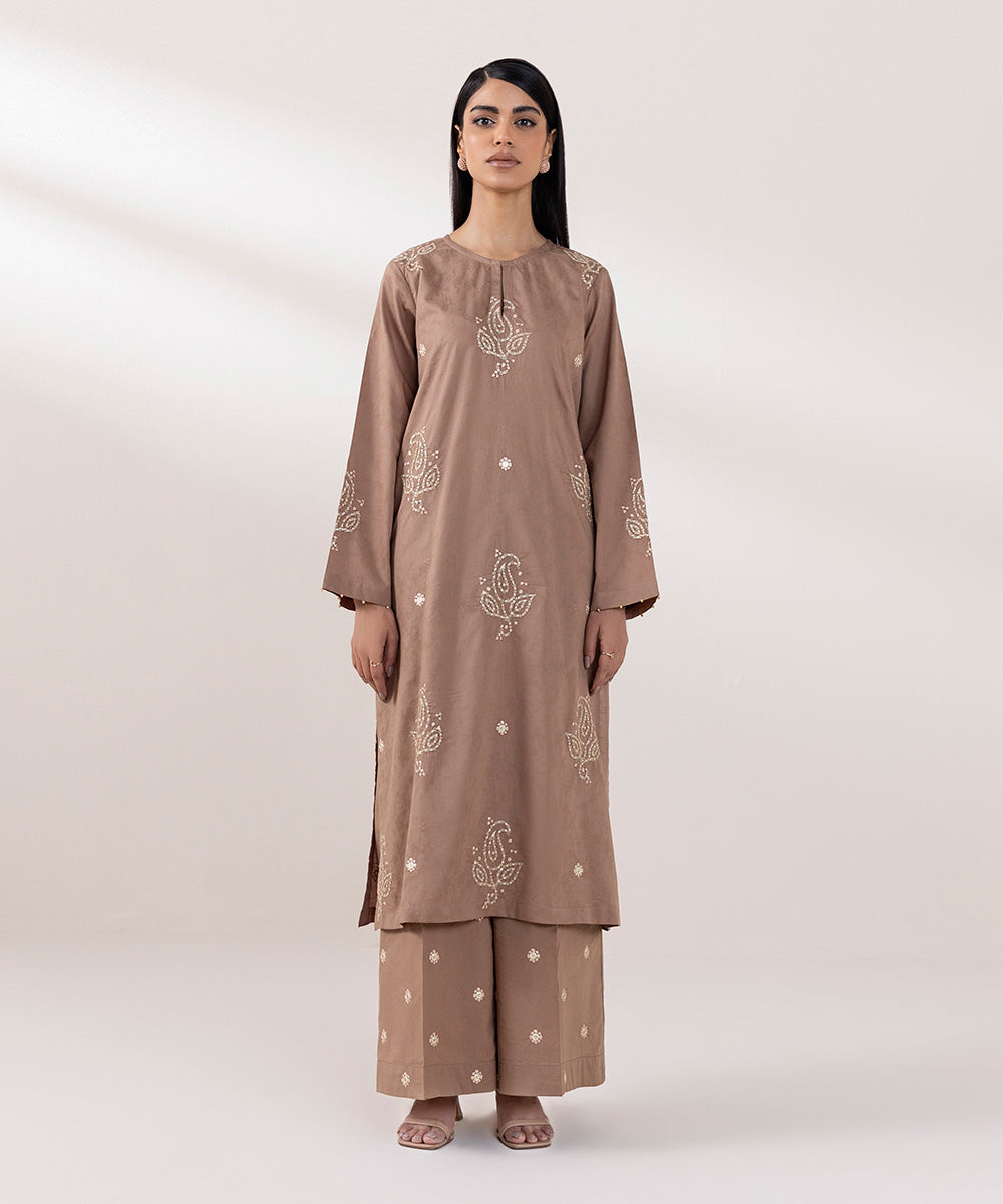 Women's Pret Cotton Jacquard Embroidered Brown Straight Shirt