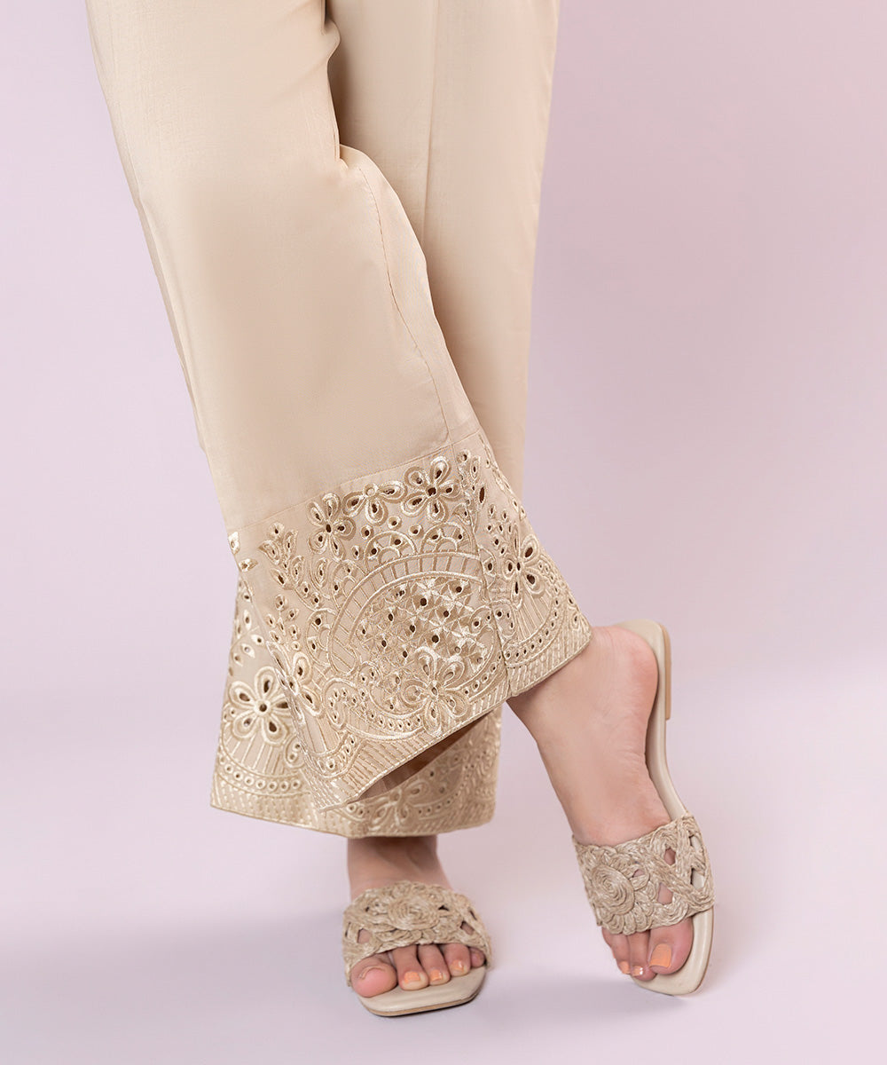 Women's Pret Cambric Embroidered Beige Culottes