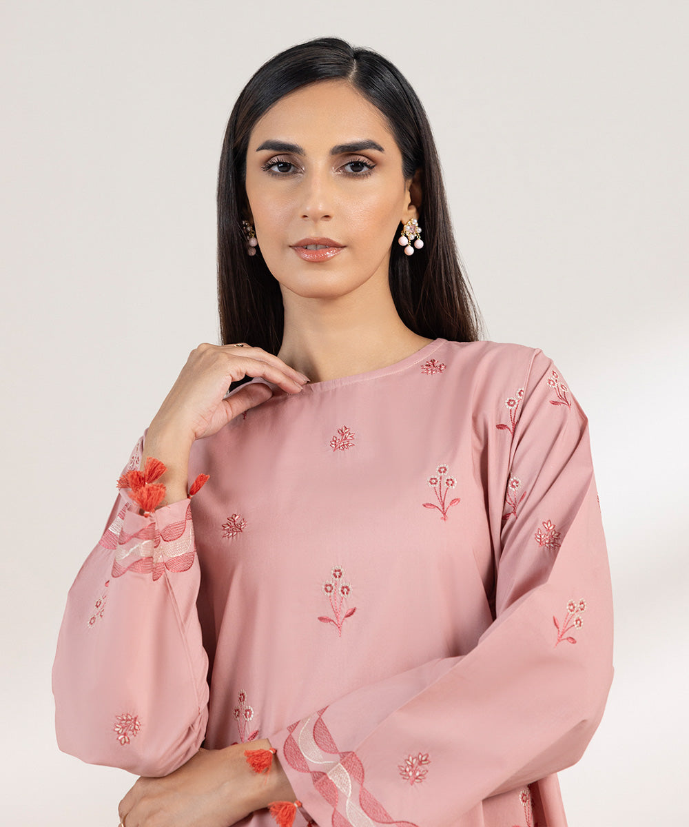 Women's Pret Poplin Embroidered Pink Straight Shirt