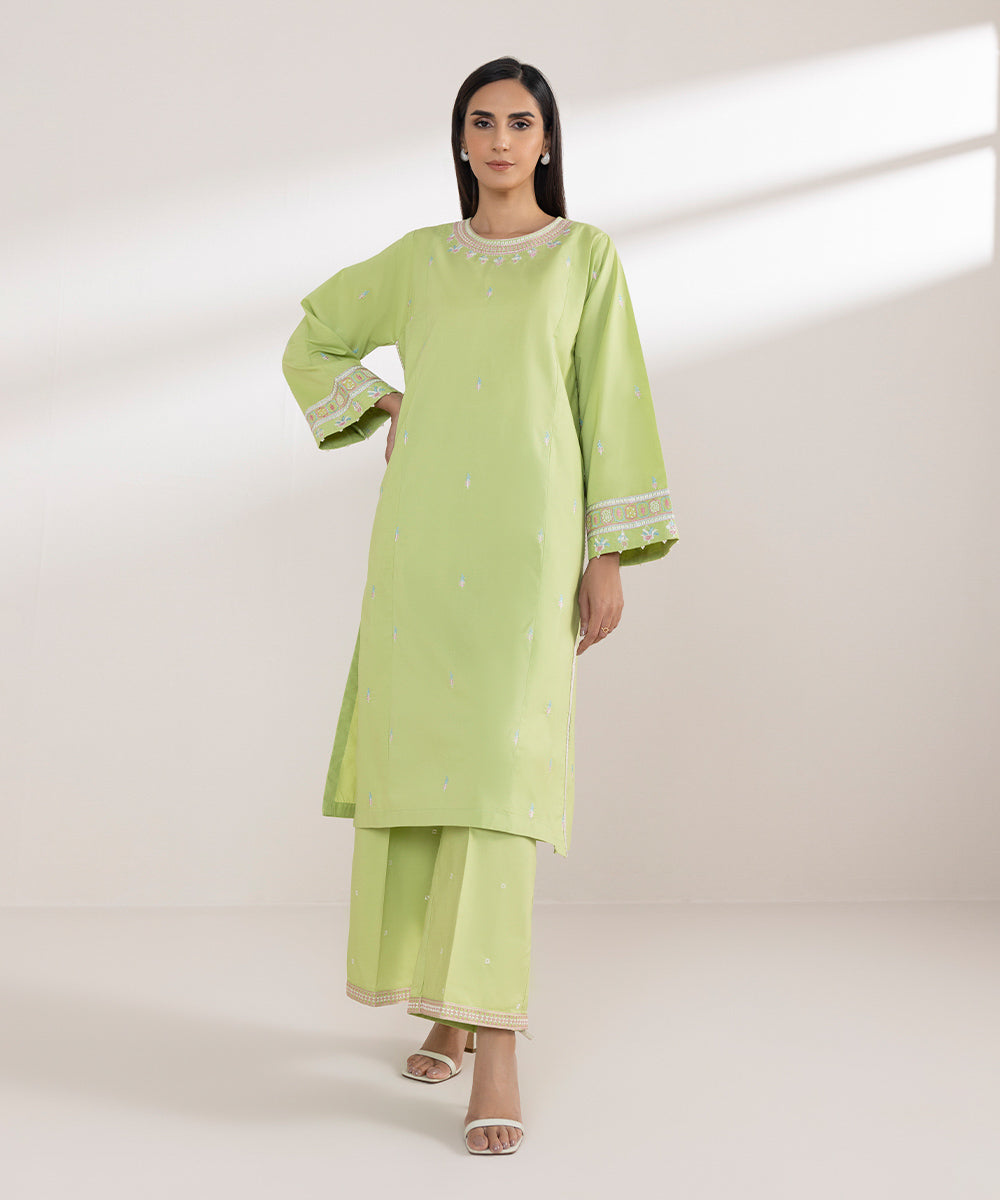 Women's Pret Poplin Embroidered Green A-Line Shirt