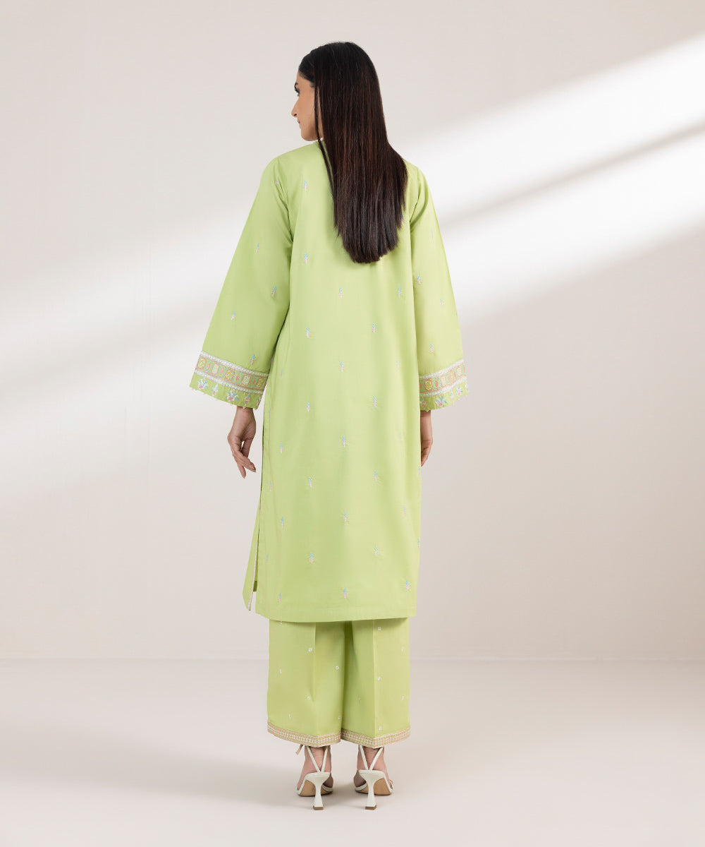 Women's Pret Poplin Embroidered Green A-Line Shirt