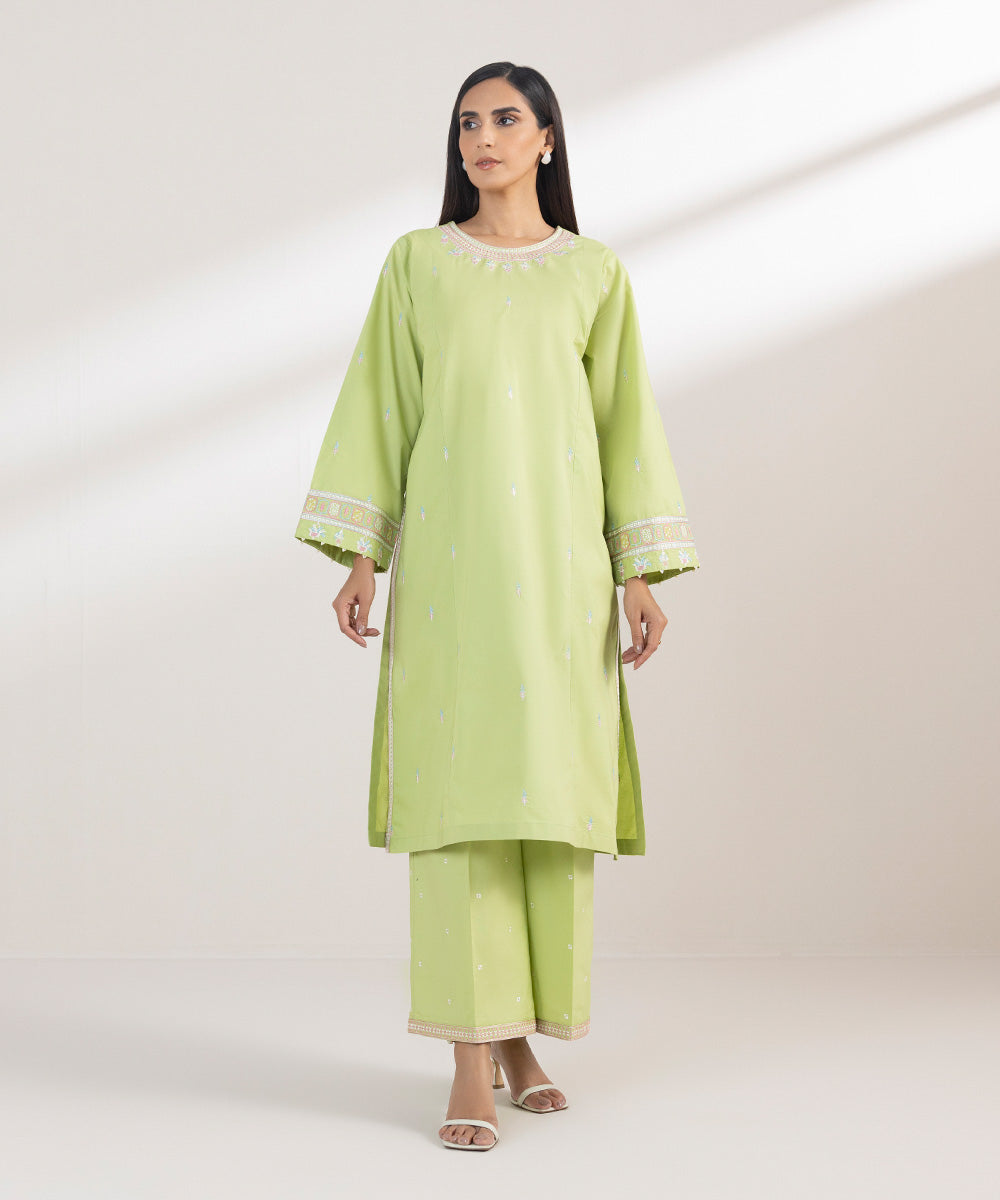 Women's Pret Poplin Embroidered Green A-Line Shirt