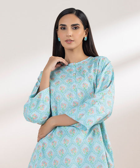 Women's Pret Poplin Printed Blue Drop Shoulder Shirt