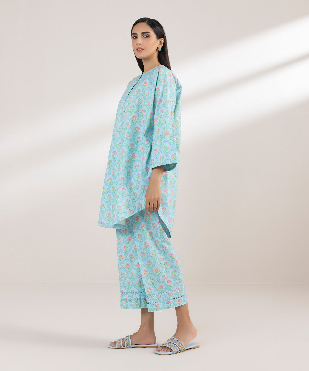 Women's Pret Poplin Printed Blue Drop Shoulder Shirt