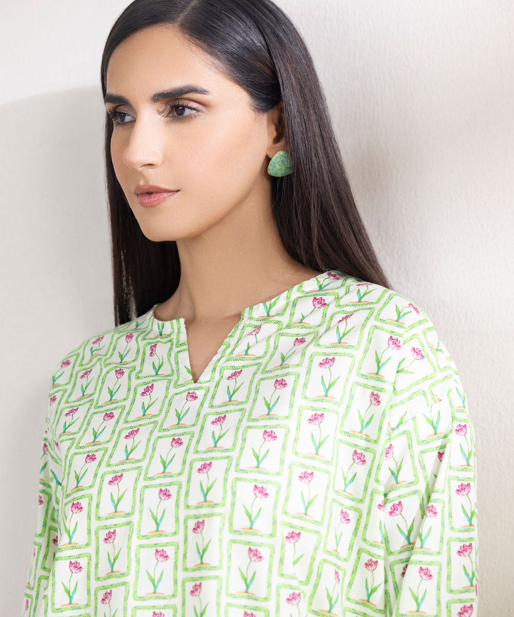 Women's Pret Poplin Printed Green Boxy Shirt