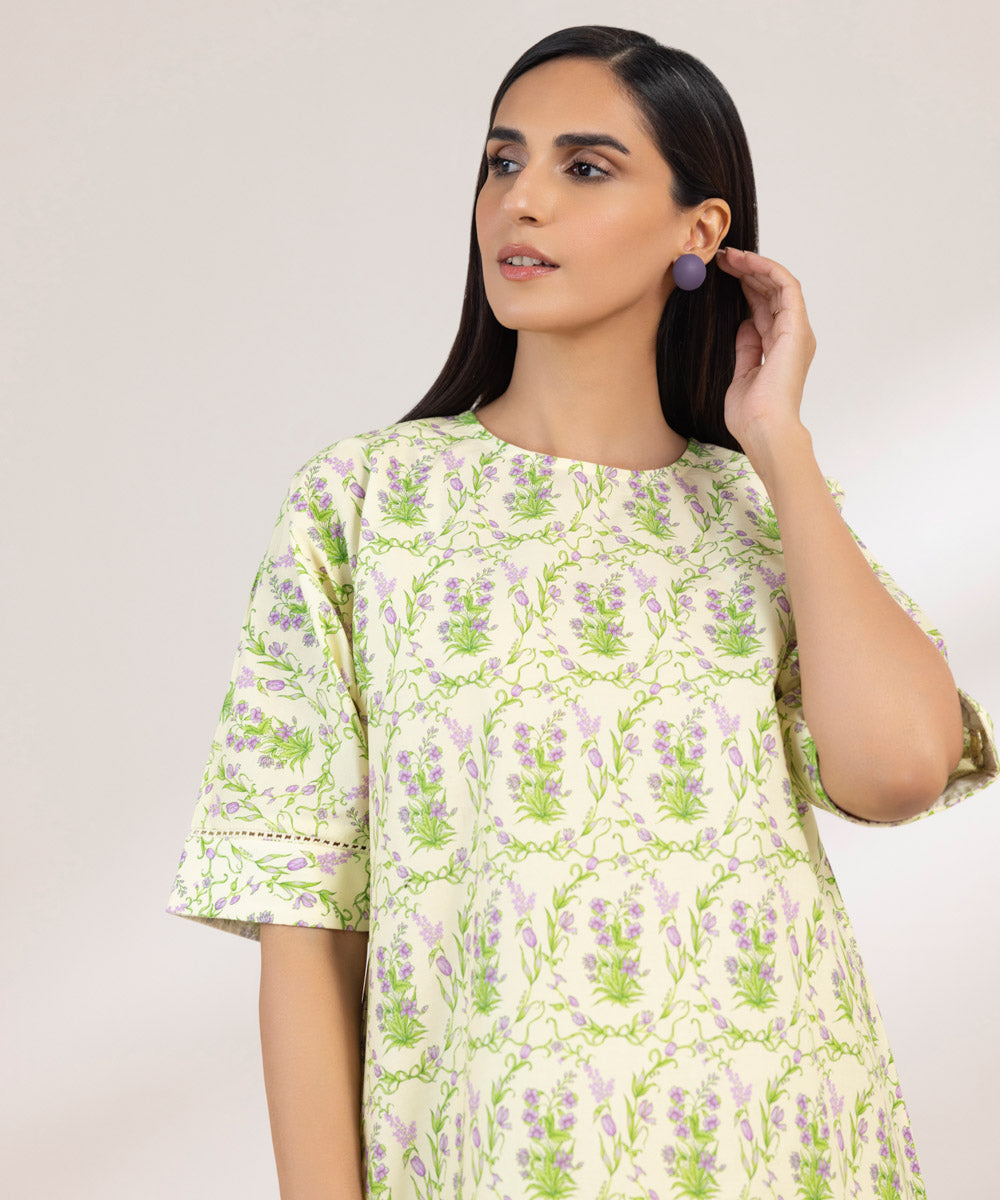 Women's Pret Poplin Printed Yellow Drop Shoulder Shirt