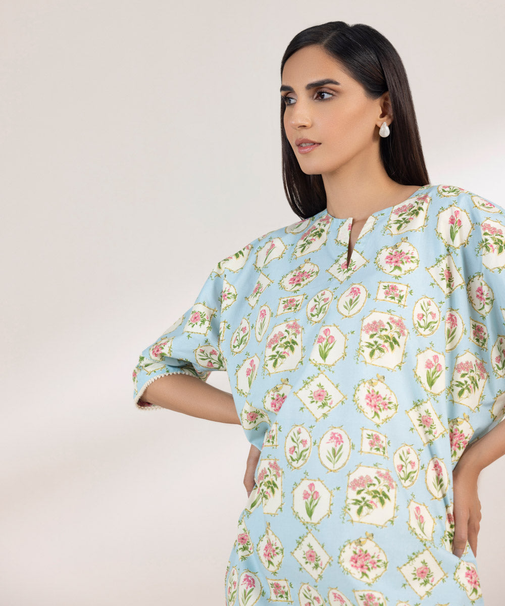 Women's Pret Poplin Printed Blue Drop Shoulder Shirt