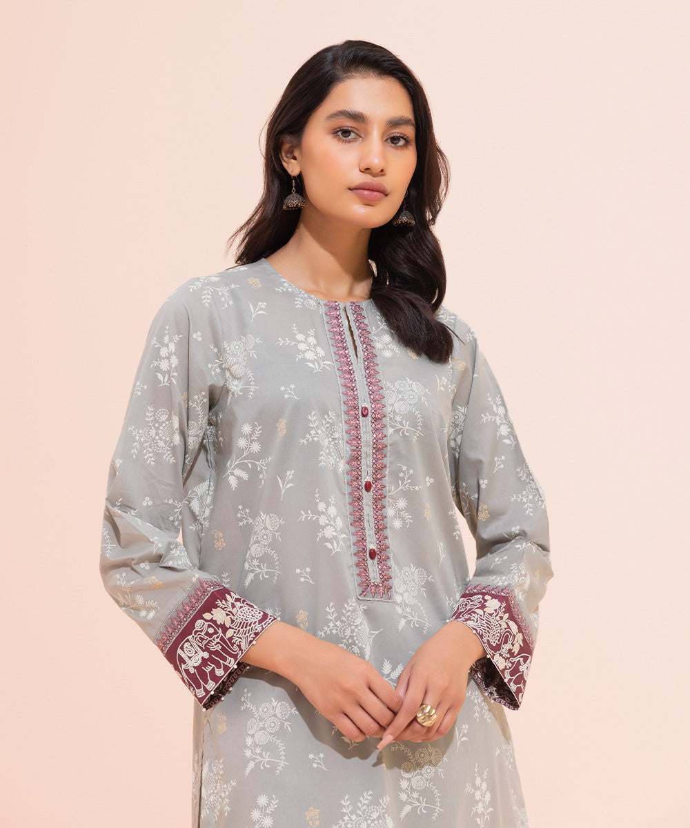 Women's Eid Pret Lawn Printed Embroidered Grey Straight Shirt
