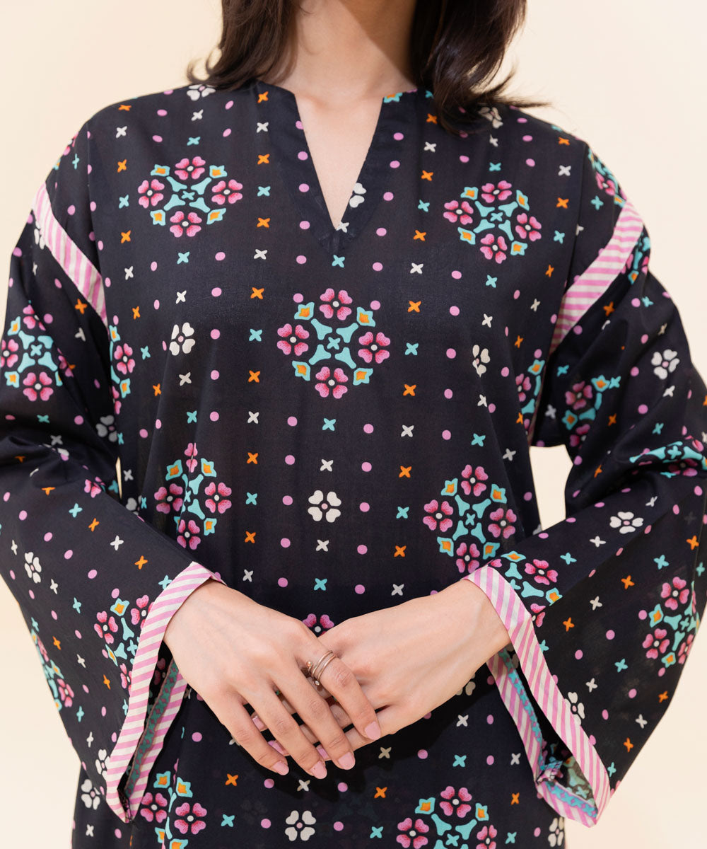 Women's Eid Pret Lawn Printed Embroidered Black Boxy Shirt