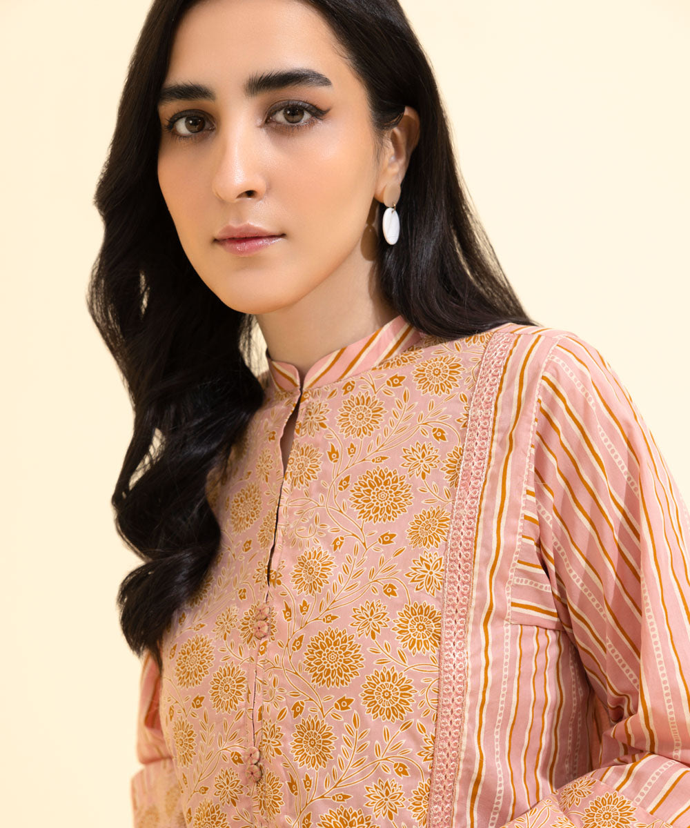 Women's Eid Pret Lawn Printed Embroidered Pink Straight Shirt