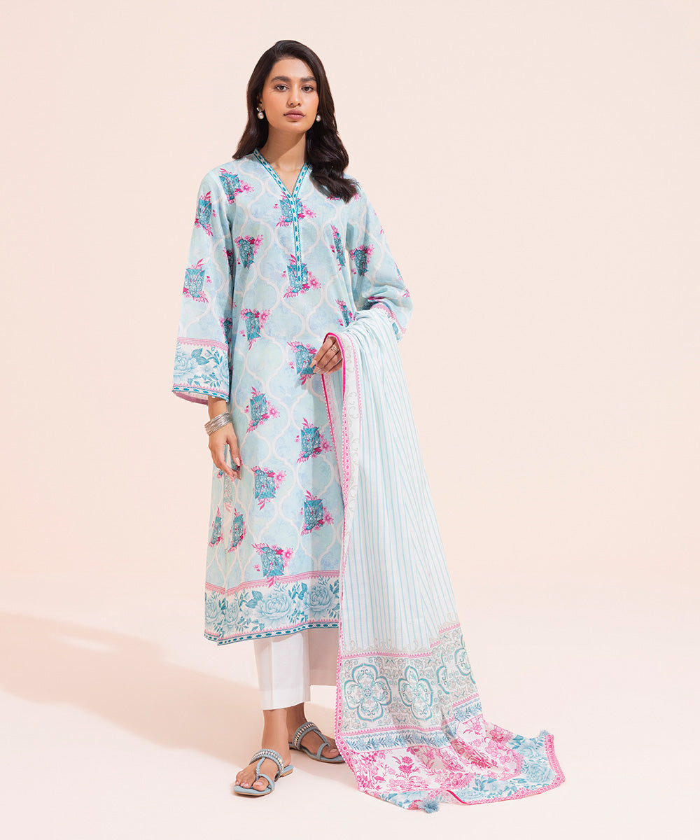 Women's Eid Textured Voile Printed Sky Blue Dupatta