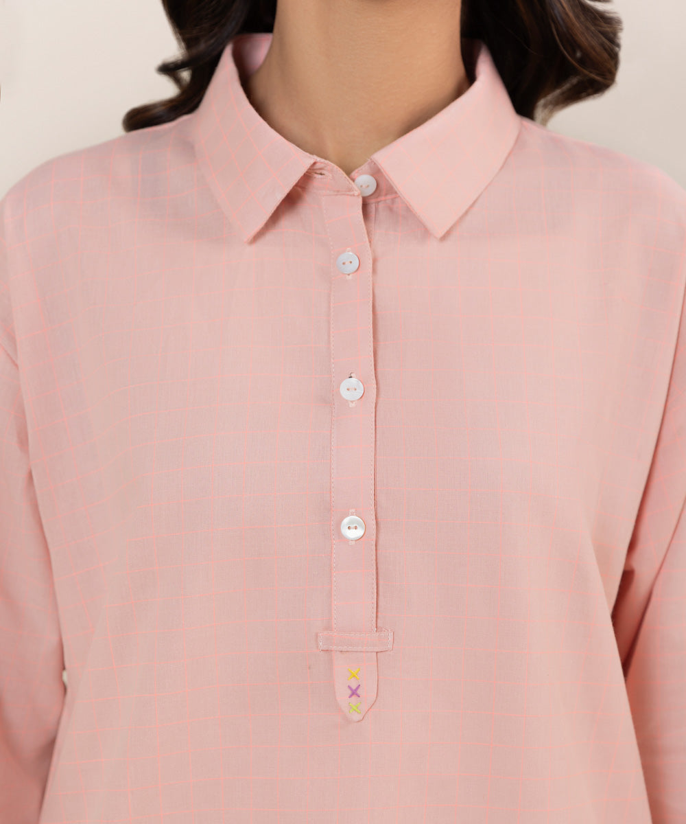 Women's Pret Yarn Dyed Solid Pink Straight Shirt
