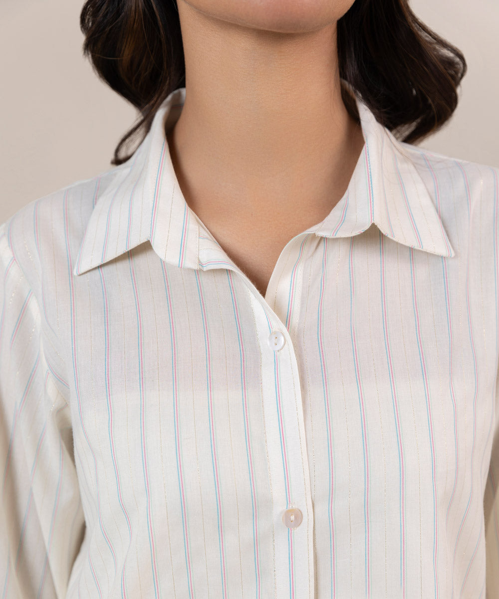 Women's Pret Yarn Dyed Solid Off White Straight Button Down Shirt