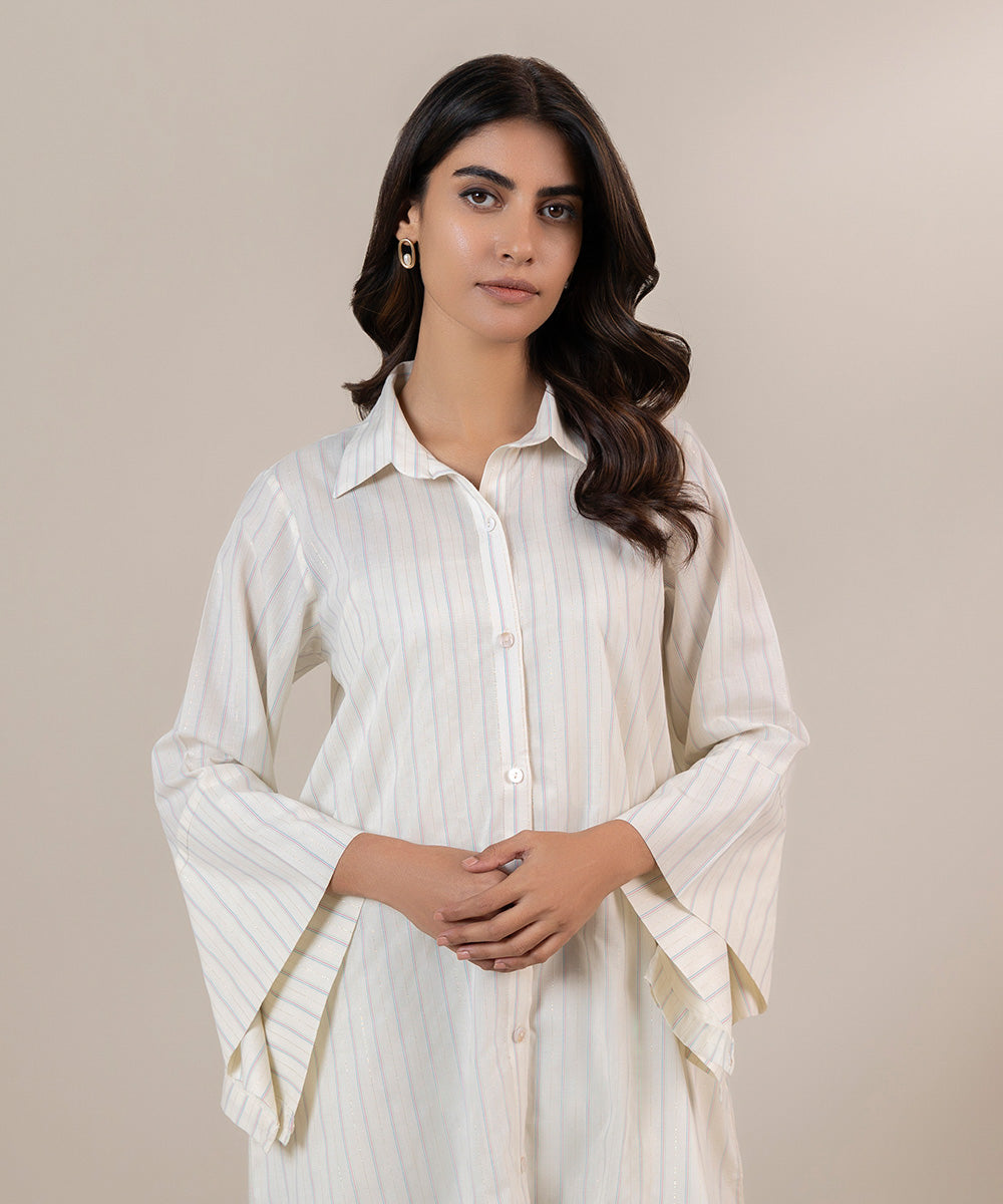 Women's Pret Yarn Dyed Solid Off White Straight Button Down Shirt