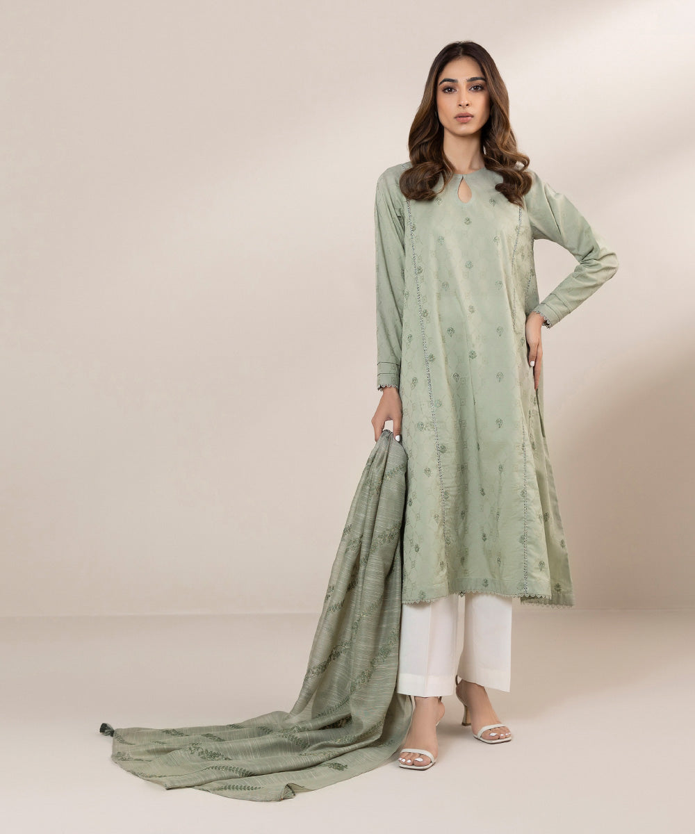Blended Net Solid Embroidered Green Dupatta