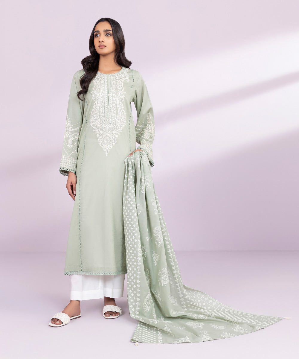 Fine Voile Green Embroidered Solid Dupatta