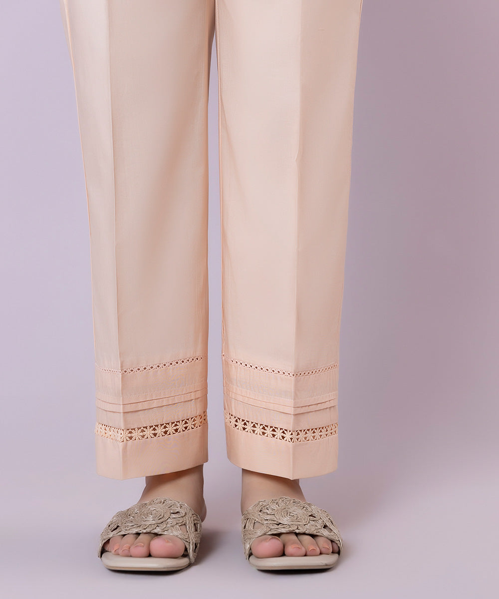 Women's Pret Cambric Embroidered Solid Pink Straight Pants