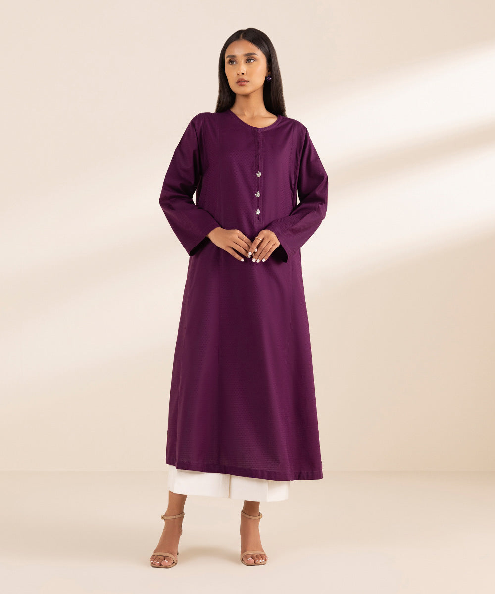 Women's Pret Dobby Purple Solid Embroidered A-Line Shirt