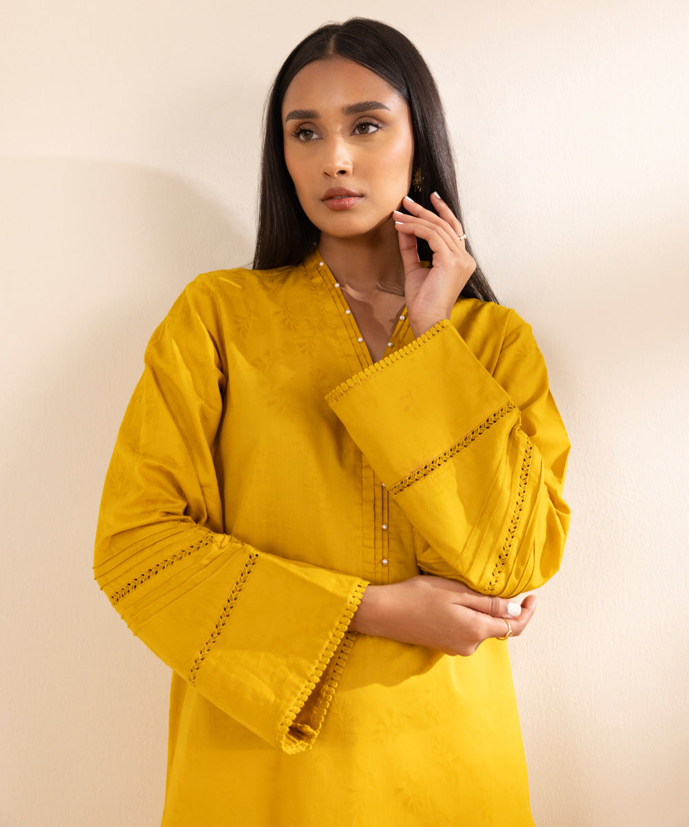 Women's Pret Cotton Jacquard Yellow Solid Straight Shirt