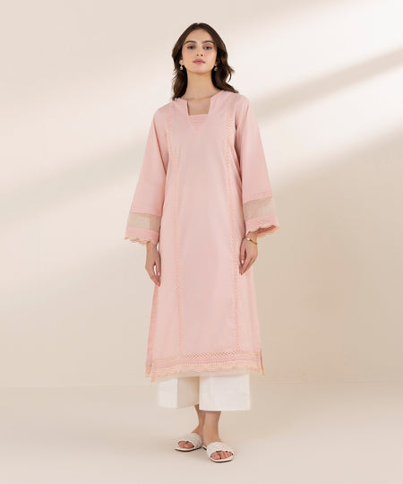 Women's Pret Textured Cotton Pink Solid A-Line Shirt