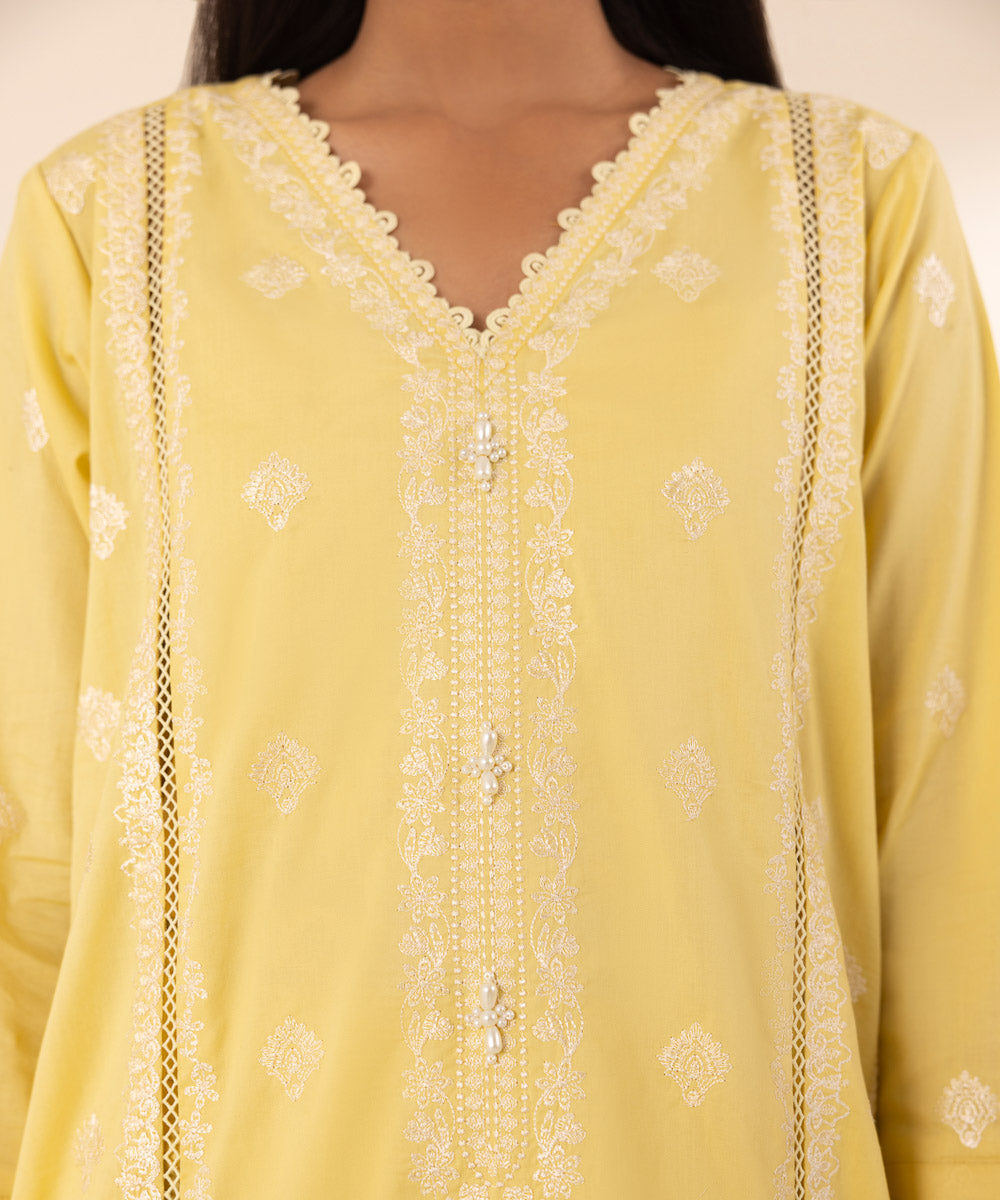 Women's Pret Cotton Yellow Chikankari A-Line Shirt