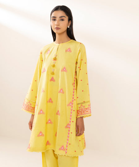 Women's Pret Self Jacquard Solid Embroidered  Bright Yellow A-Line Shirt
