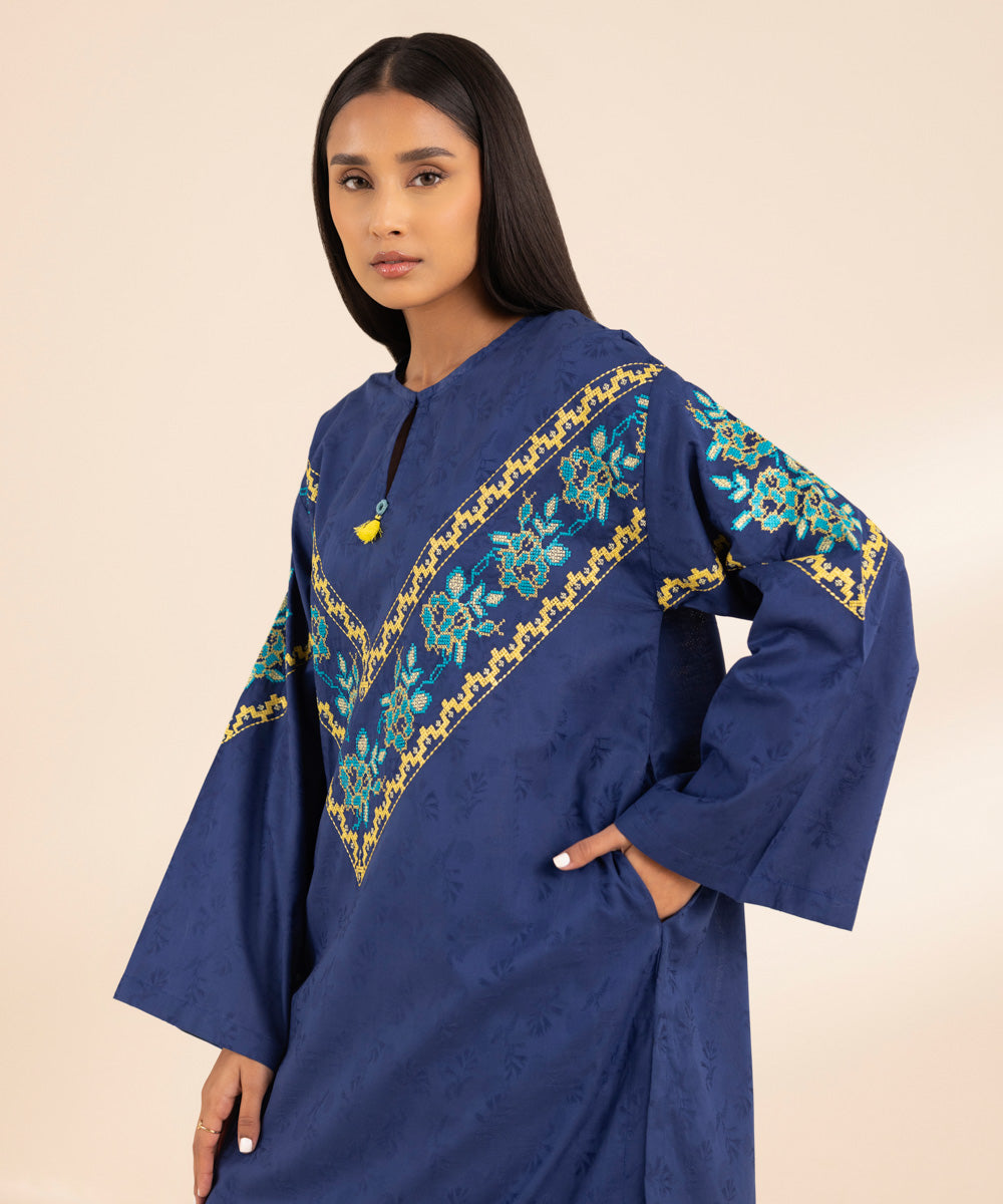 Women's Pret Cotton Jacquard Blue Solid Embroidered A-Line Shirt