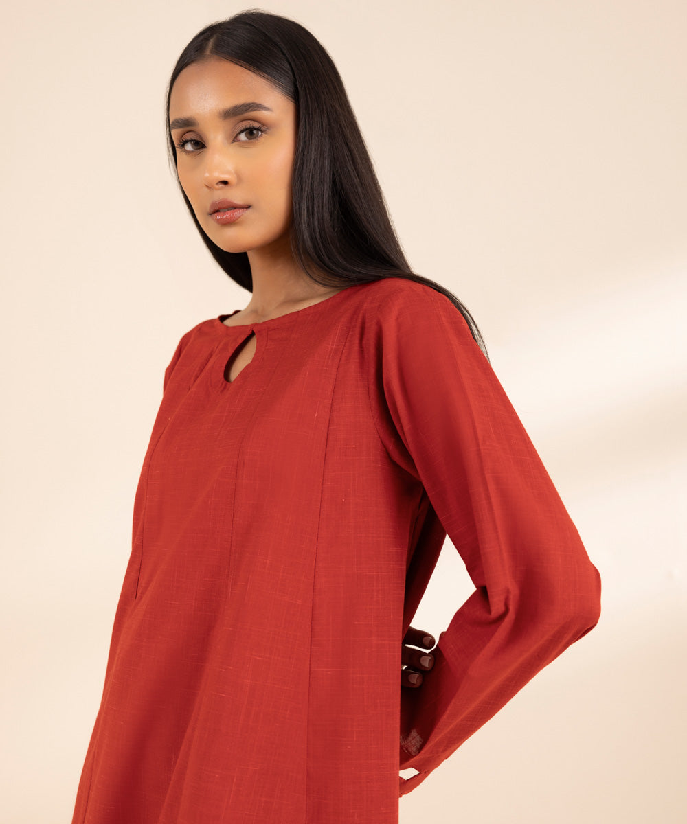 Women's Pret Textured Cotton Red Solid A-Line Shirt