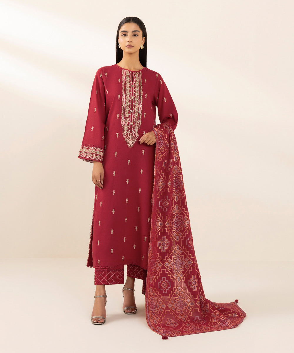 Women's Extra Weft Jacquard Red Solid Embroidered Dupatta