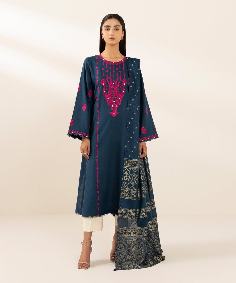 Women's Extra Weft Jacquard Denim Blue Solid Embroidered Dupatta
