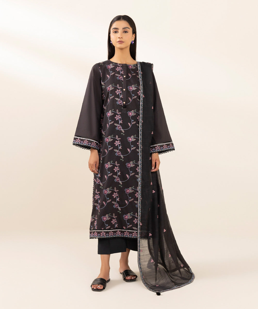 Women's Manar Black Solid Embroidered Dupatta
