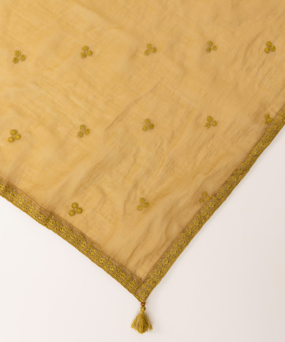 Women's Manar Olive Yellow Solid Embroidered Dupatta