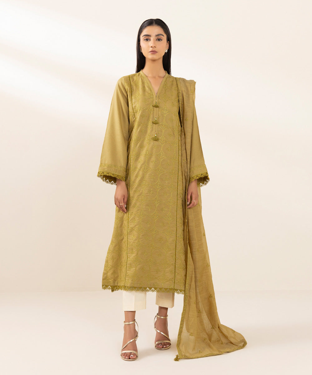 Women's Manar Olive Yellow Solid Embroidered Dupatta