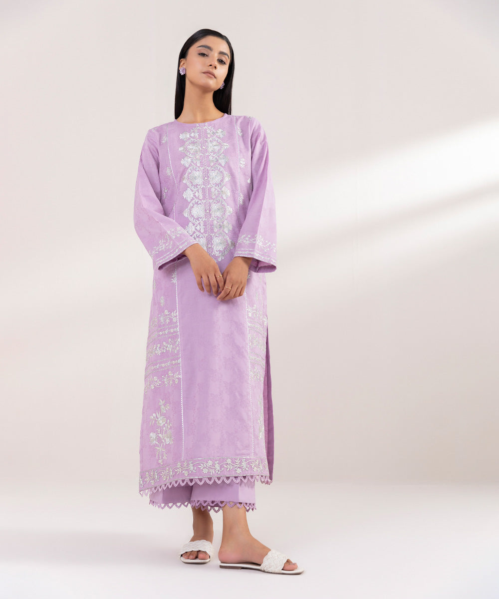 Women's Pret Cotton Jacquard Embroidered Purple A-Line Shirt