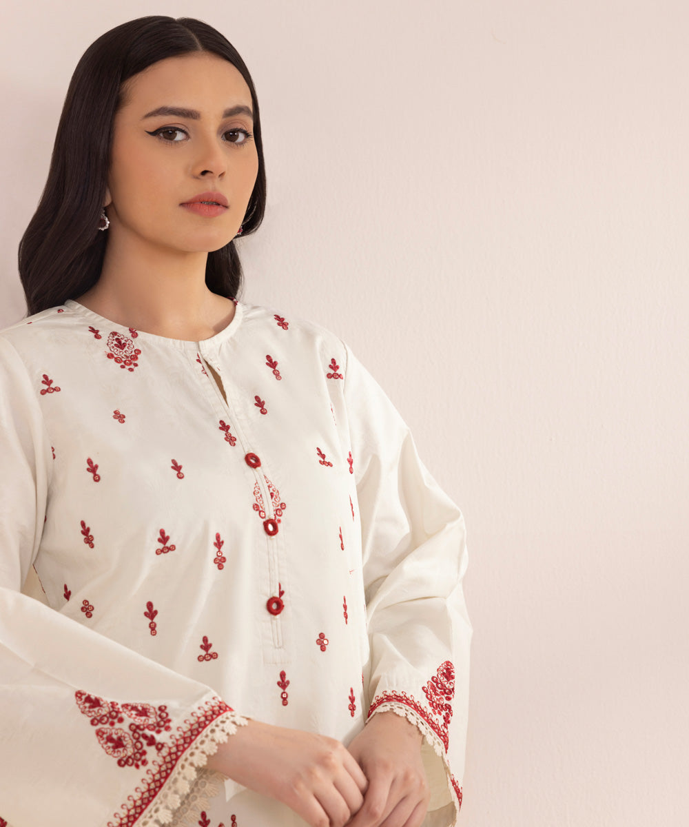 Women's Pret Cotton Jacquard Embroidered White A-Line Shirt