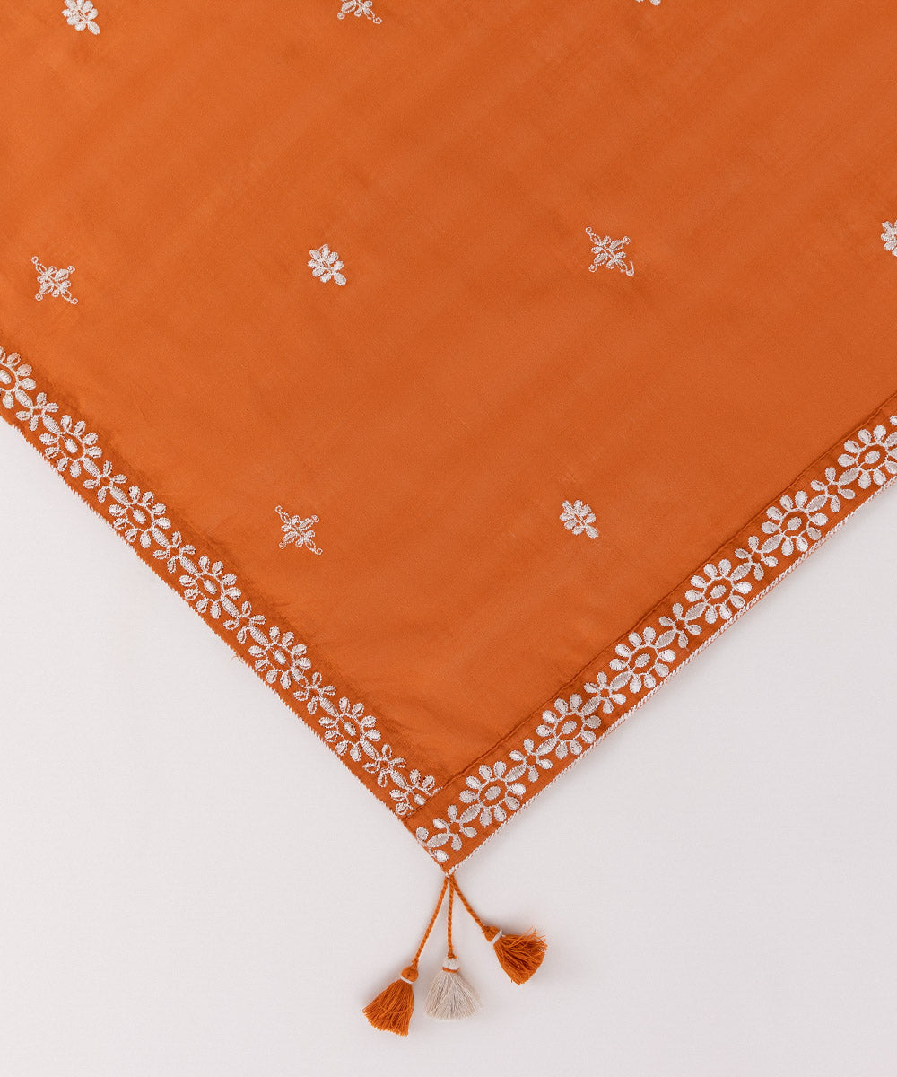 Women's Textured Voile Burnt Orange Solid Embroidered Dupatta
