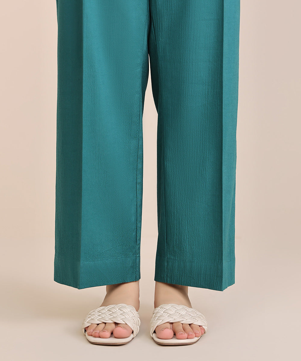 Women's Pret Seersucker Green Solid Straight Pants