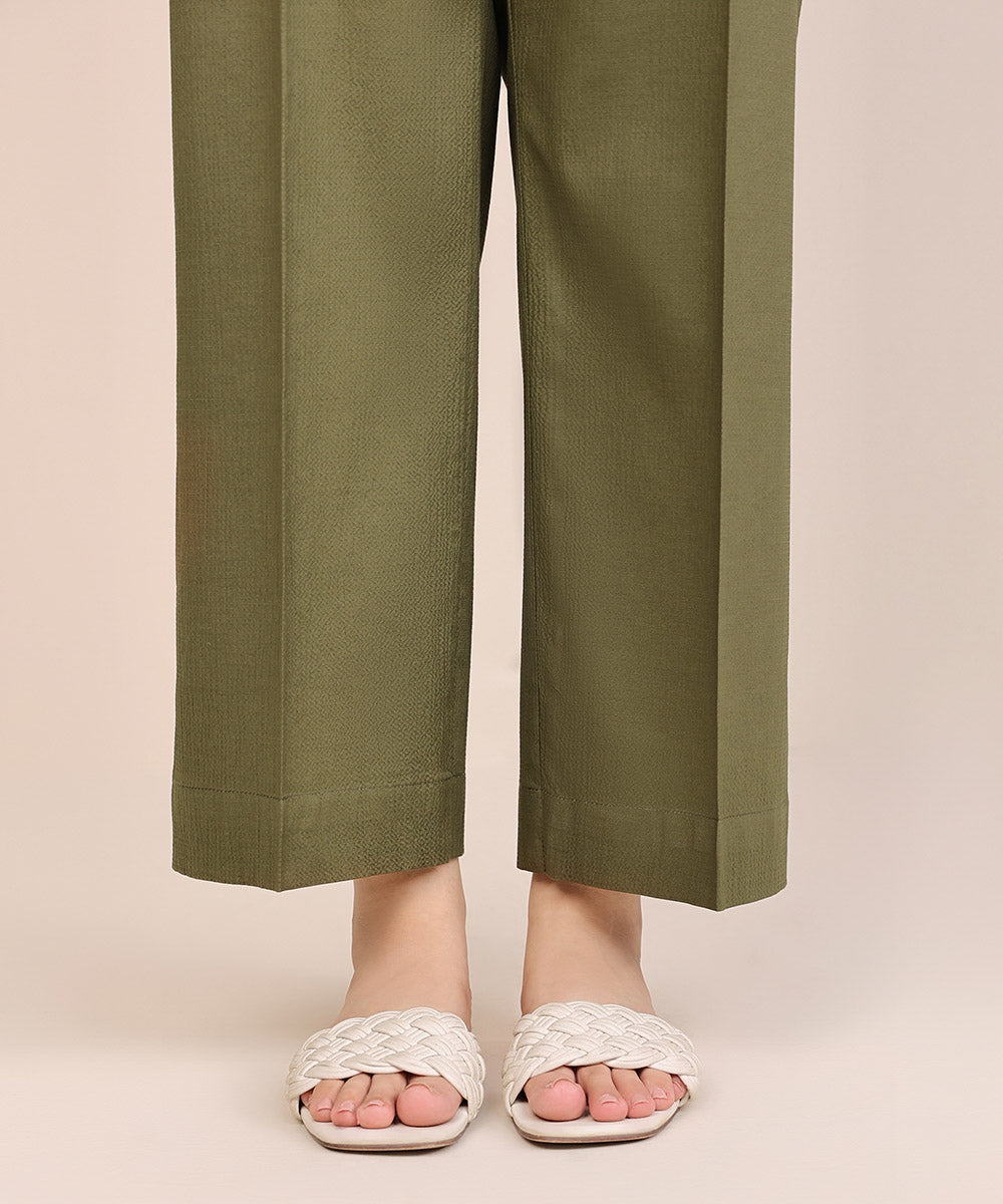 Women's Pret Seersucker Green Solid Straight Pants