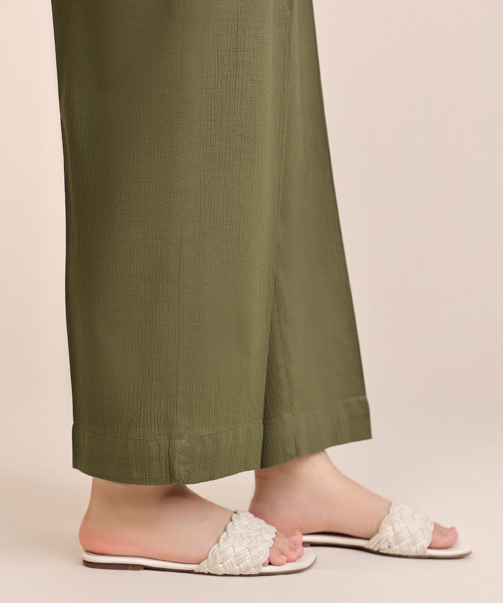 Women's Pret Seersucker Green Solid Straight Pants