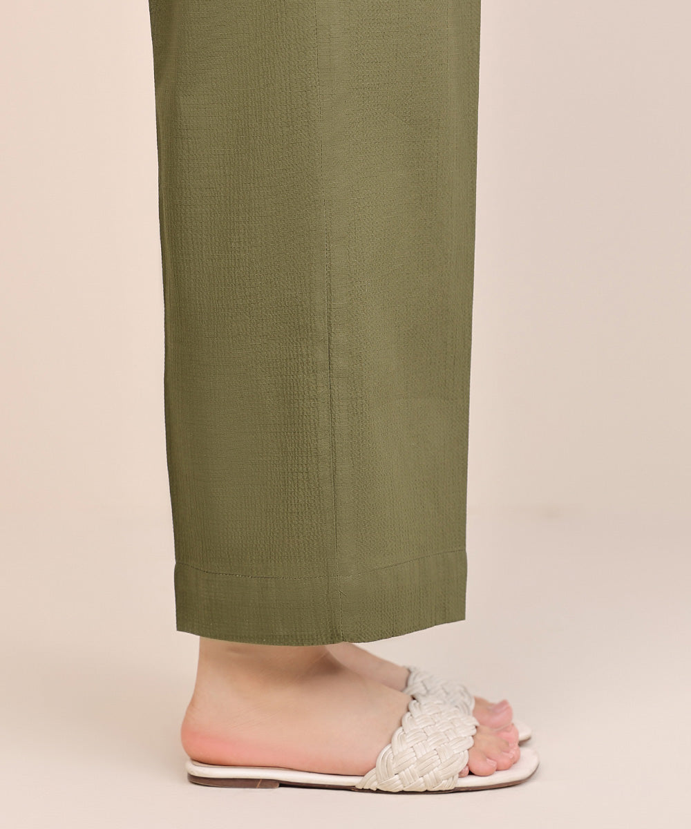 Women's Pret Seersucker Green Solid Straight Pants